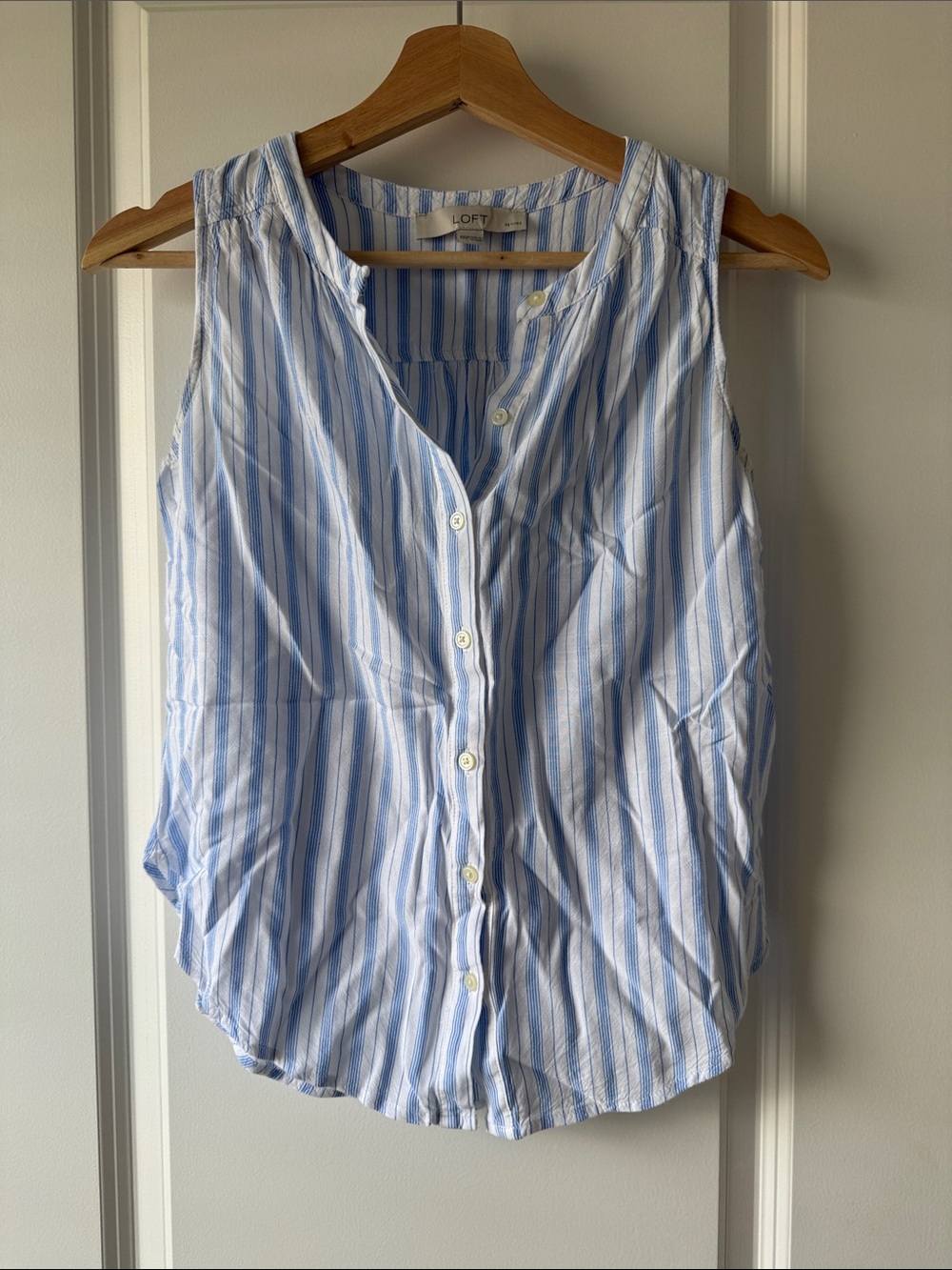 LOFT Light Blue and White Striped Sleeveless Button-Down Top